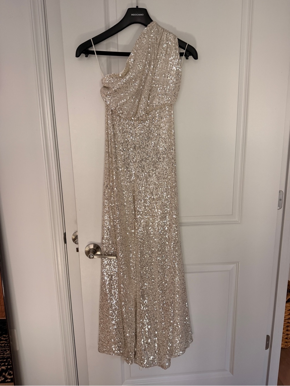 One-Shoulder Sequin Jumpsuit in Champagne
